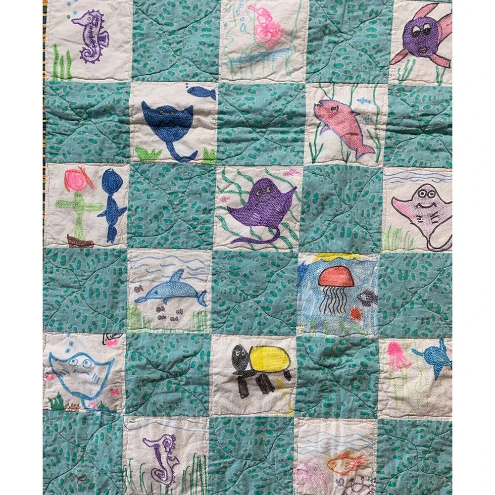 Kids Draw For Kids Ocean Life Fish Shark Turtle‎ Print Quilt Blanket 57